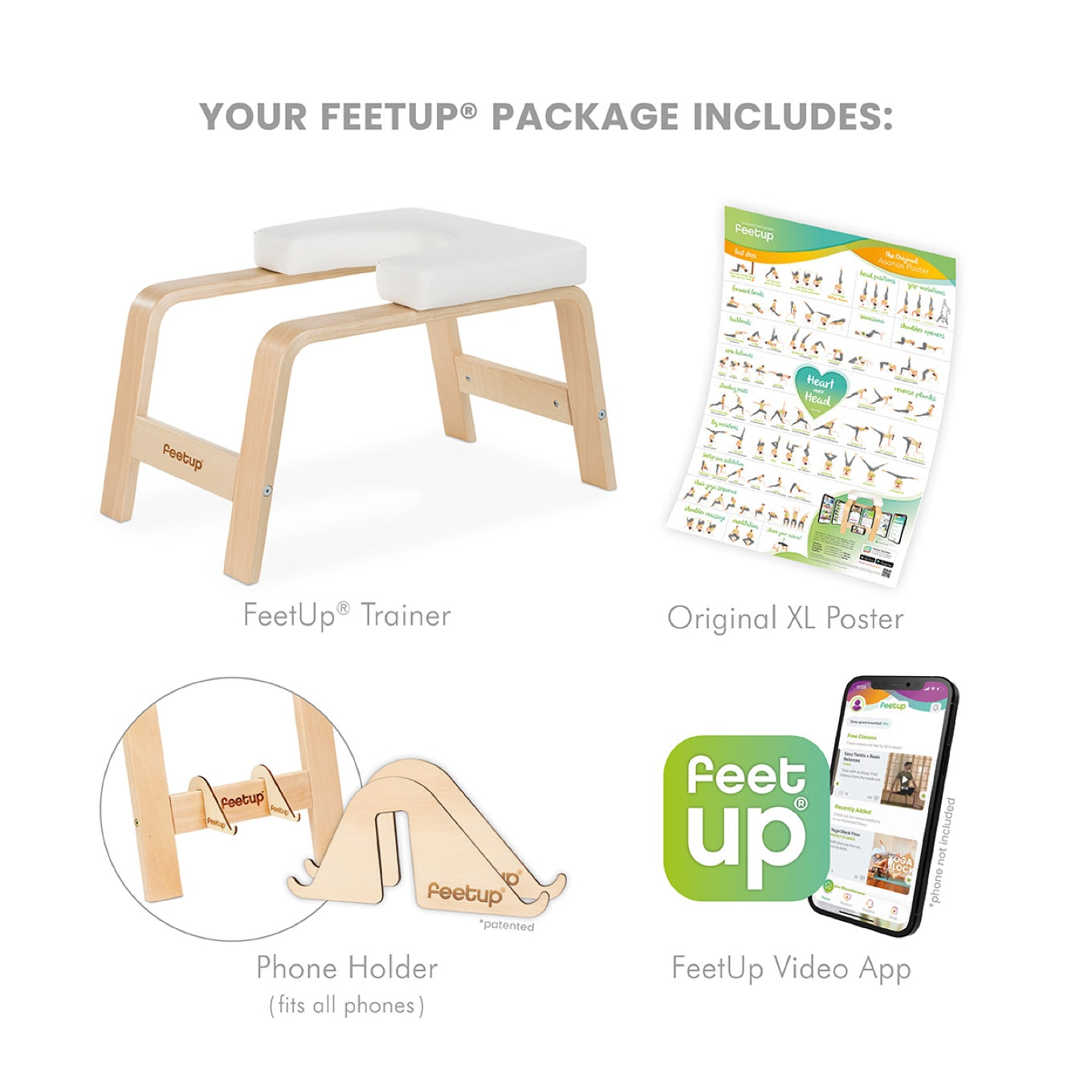 Tu paquete FeetUp incluye: el FeetUp Trainer, el póster de posturas Original XL, un soporte de móvil patentado que sirve para todos los móviles y la app de vídeo FeetUp